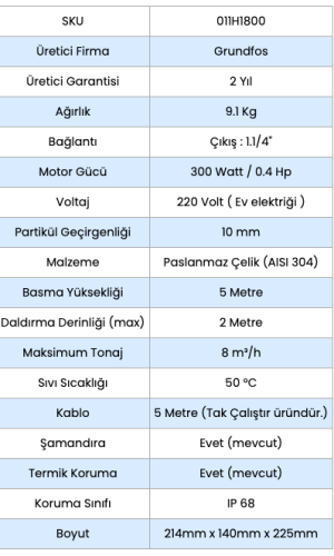 Grundfos UNİLİFT KP150-A-1 Paslanmaz Gövdeli Kirli Su Drenaj Dalgıç Pompa